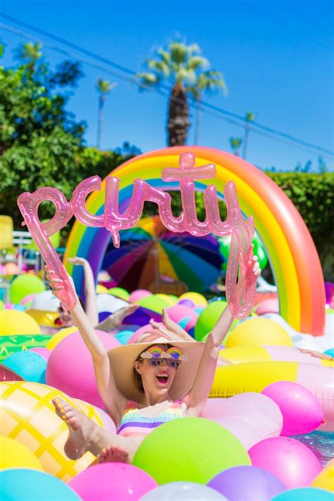 An Epic Rainbow Balloon Pool Party Pool Party Themes Pool Birthday Party Pool Party Adults