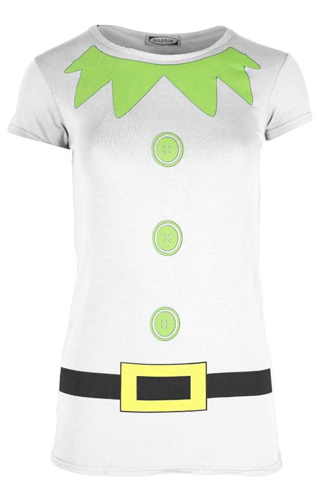 Womens Ladies Christmas Costume Elf Belted Buttons Cap Sleeve Xmas T Shirt Top Ebay