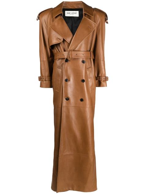 Saint Laurent Belted Leather Trench Coat In Brown Modesens