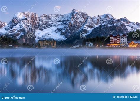 Misurina Lake On Dolomites Italian Alps Seen At Sunrise Sora Stock