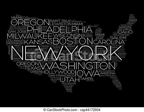 Usa Map Word Cloud With Most Important Cities Canstock