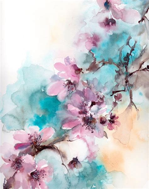 Floral Painting Turquoise Pink Botanical Art Print Blooming Branch Watercolor Print Flowers