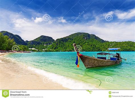 Long Tail Boat On Tropical Beach Krabi Stock Photo Image Of Rock