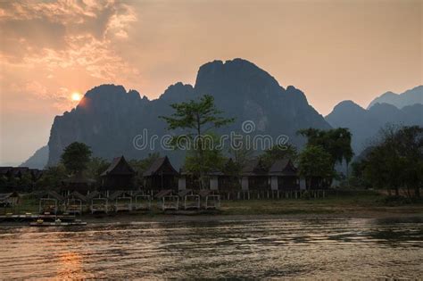 Scenic Landscape In Vang Vieng Laos At Sunset Stock Photo Image Of