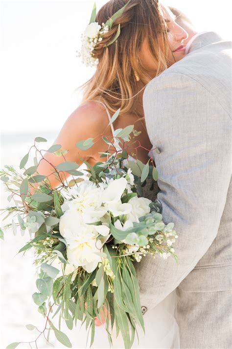 Boho Beach Wedding Bouquet With All White Flowers And Greenery Beach