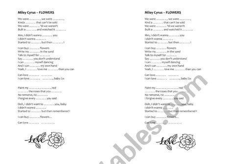 miley cyrus flowers a song esl worksheet by m19m