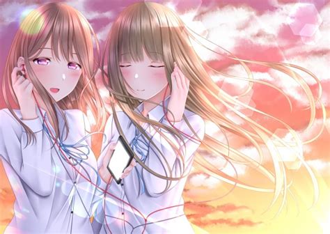 Wallpaper Anime Girls Friends Wind Long Hair Sunset