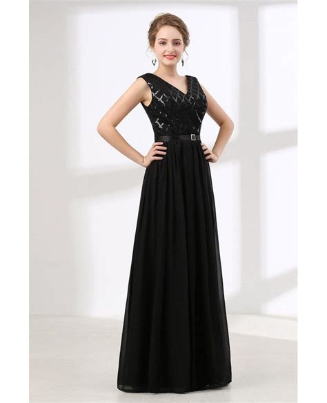 Inexpensive Sequined Black Prom Dress Long V Neck 2018 Ch6615