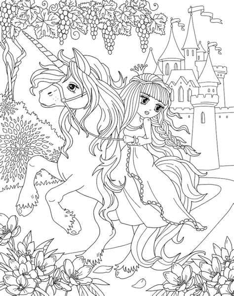 Princess Riding Unicorn With Castle Coloring Page Free Printable