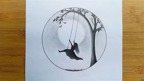 How To Draw Alone Girl Swinging In A Tree Pencil Sketch Step By Step