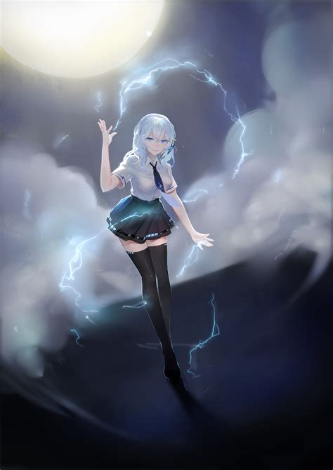 Download 2480x3507 Anime Girl Magic Lightning Moon
