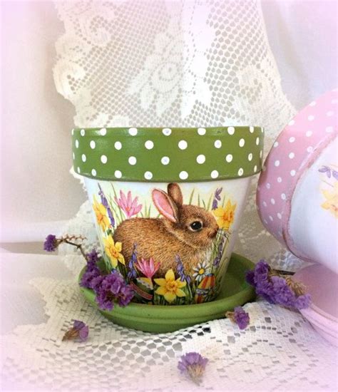 Painted Flower Pot Easter Bunny Decor Decoupage Decorated Etsy
