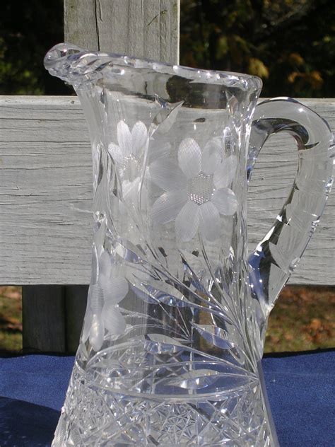 American Brilliant Cut Glass Crystal Water Pitcher W Flower