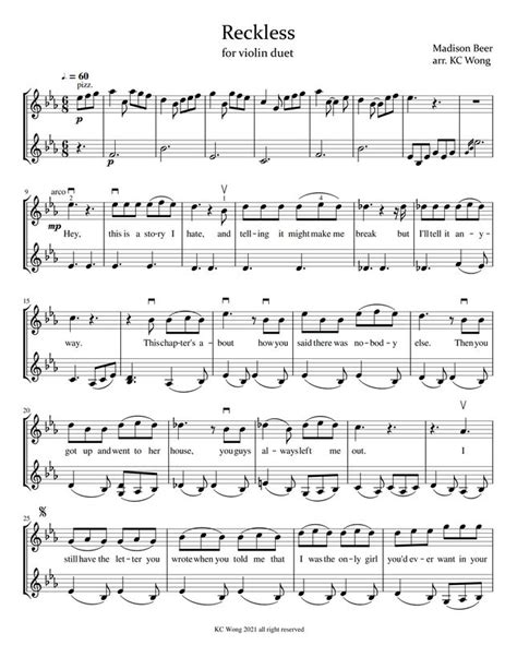 Madison Beer Reckless Violin Duet By Kc Wong Sheet Music