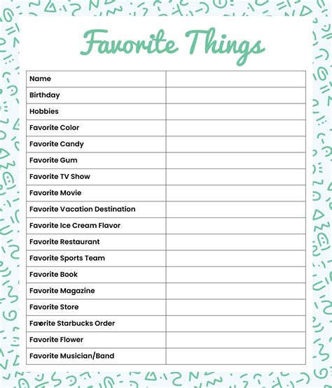 My Favorite Things List Printable