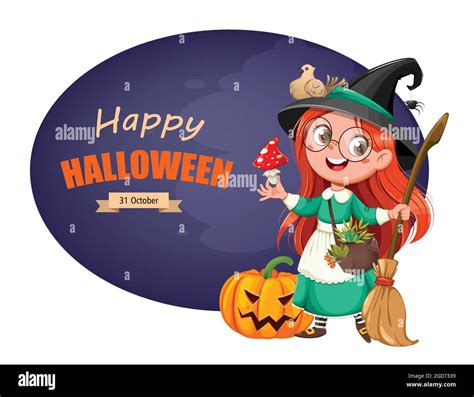 Happy Halloween Greeting Card Cute Girl Witch Beautiful Little Witch Cartoon Character Stock