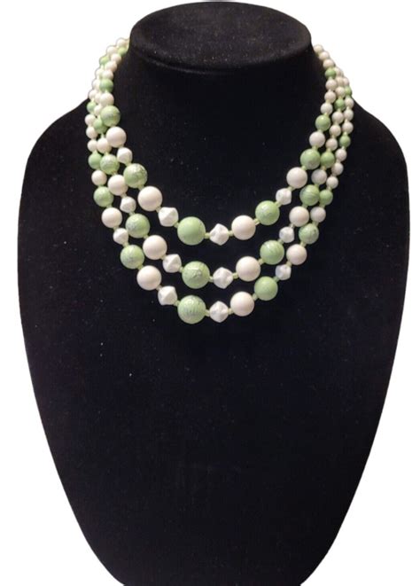 Hand Painted White And Green Beaded Necklace Gem