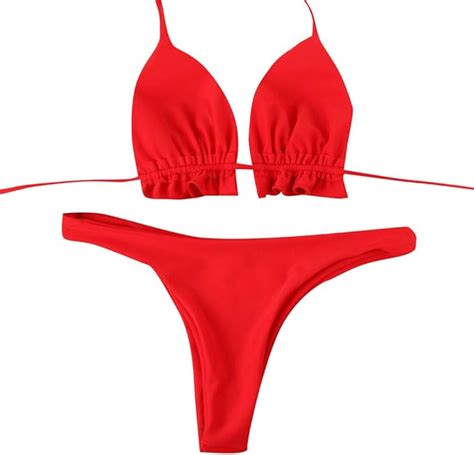 Women Solid Color Drawstring Bandage Bikini Set Push Up Brazilian Swimwear Red S