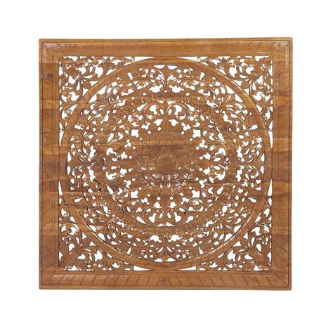 Rustic Traditional Carved Flower And Flourishes Square Teak Wood Wall