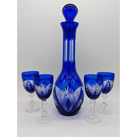Mid Century Bohemian Cobalt Blue Cut Glasses And Decanter Set Of 5 Chairish