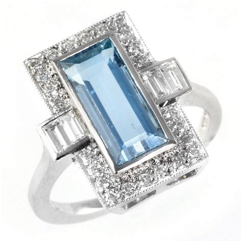 18ct White Gold Art Deco Style Emerald Cut Aqua And Diamond Ring