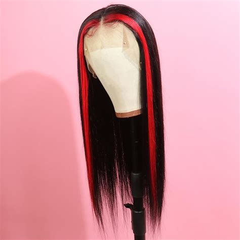 Long Straight Black With Red Highlight Human Hair Lace Front Wig