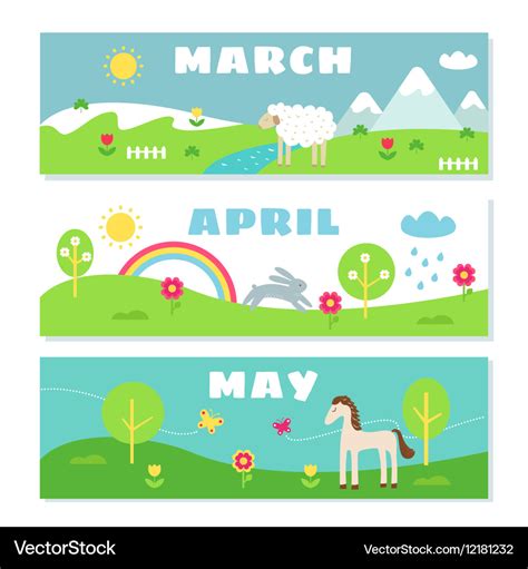 Spring Months Calendar Flashcards Set Nature Vector Image