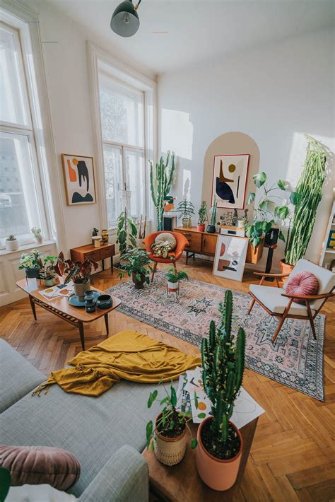 Artful Bright Interior With Modern Art Plants And Retro