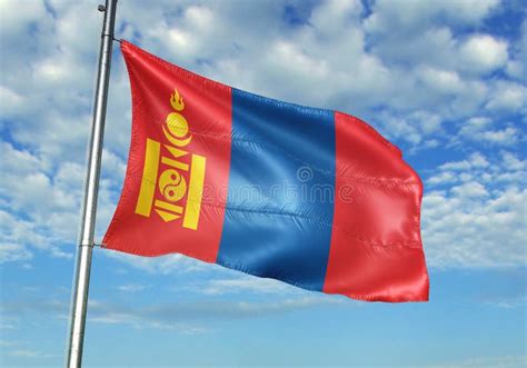 Mongolia Flag Waving With Sky On Background Realistic 3d Illustration