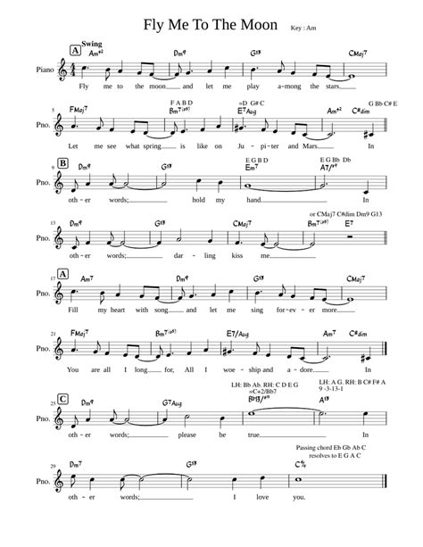 Fly Me To The Moon Lead Sheet With Lyrics Sheet Music For Piano Solo