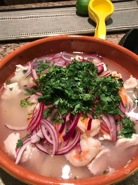 Encebollado de camarón y pescado Ecuadorian seafood soup Ecuadorian