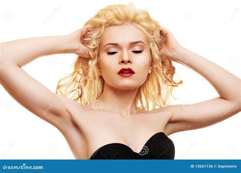 Beauty. Blonde with Red Lips & Healthy Shiny Hair Stock Photo - Image 