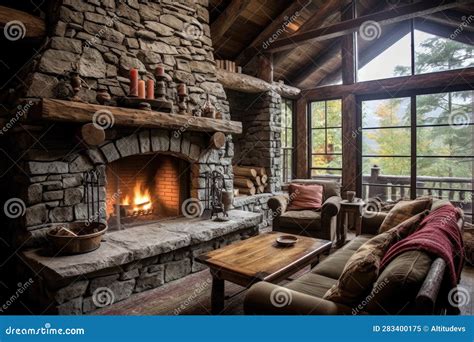 Rustic Stone Fireplace In A Log Cabin Stock Image Image Of Natural