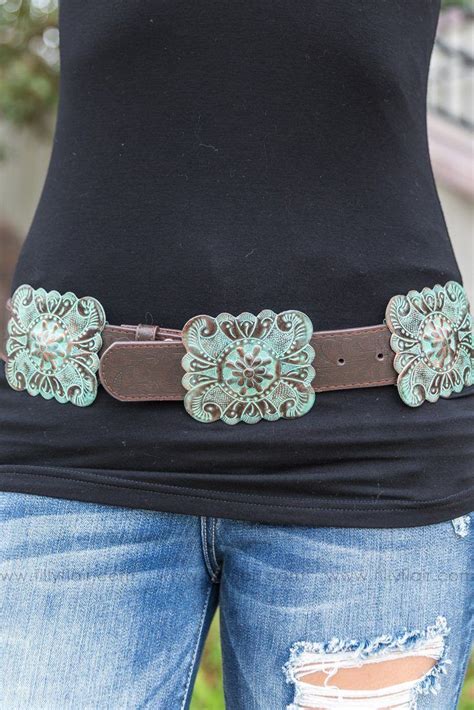 Country Crush Turquoise Bronze Square Concho Brown Leather Belt Women