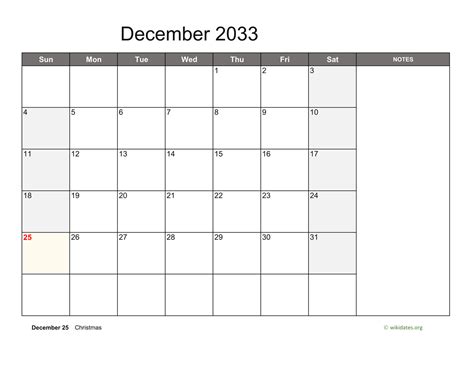 December 2033 Calendar With Notes