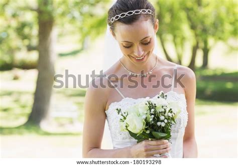 Shy Young Bride Looking Flower Bouquet Stock Photo 180193298 Shutterstock