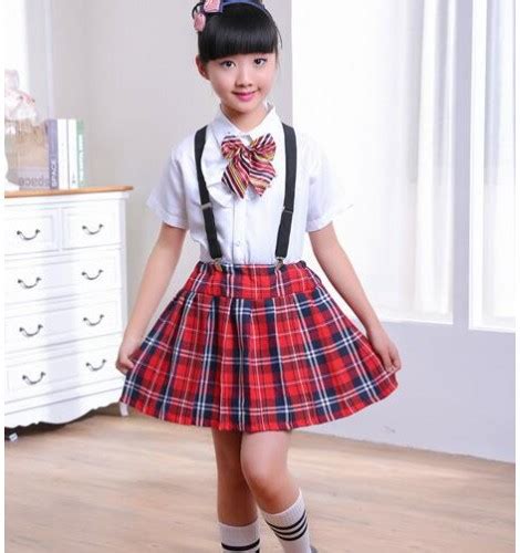 England Style Red Plaid Red Black Skirt White Shirt With Bow Tie Girls