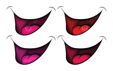 Set Of Cartoon Smiling Mouths Lips Teeth And Tongues In Vector