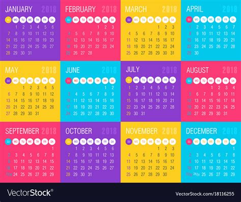 Calendar 2018 Year Week Starts From Sunday Vector Image