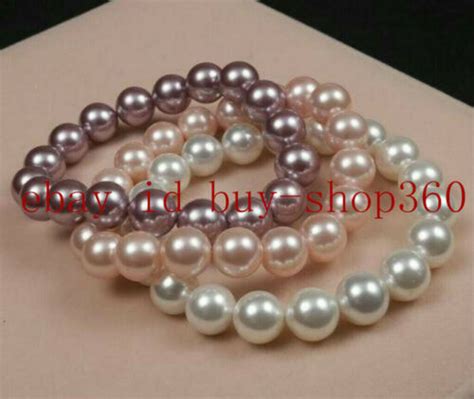 3 Color Natural 8 10 12mm Round South Sea Shell Pearl Bracelet 7 5