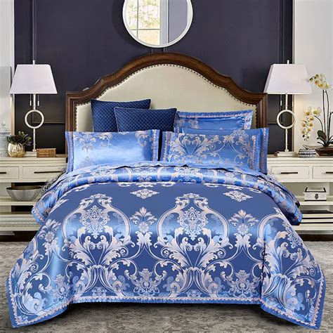 Blue Luxury European Style Silk Cotton Jacquard Bedding Set Lace Duvet