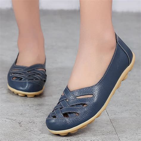 Summer Women Casual Flats Genuine Leather Slip On Loafers Work Shoes
