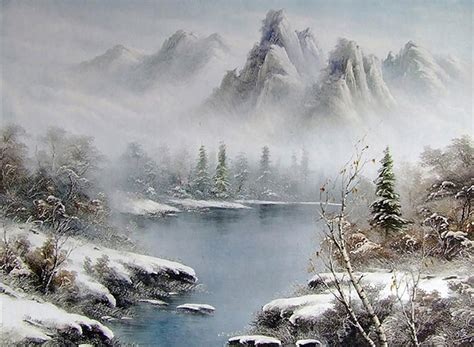 Lake And Mountains In Fog Style Of Bob Ross Painting In Oil For Sale