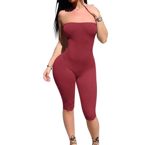 4colors Strapless Catsuit Playsuits Off Shoulder Summer Sexy Rompers