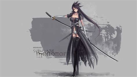 Katana Long Hair Weapons Thigh Highs Artwork Anime Girls Swords Black Hair Black And