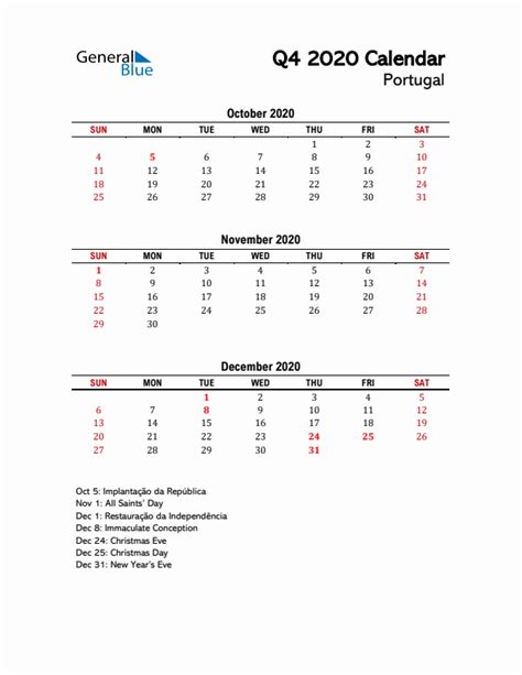 Q4 2020 Quarterly Calendar With Portugal Holidays