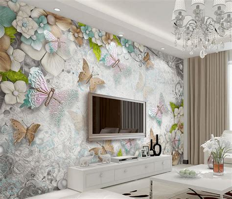 European 3d Embossed Flower Butterfly Wall Mural Photo