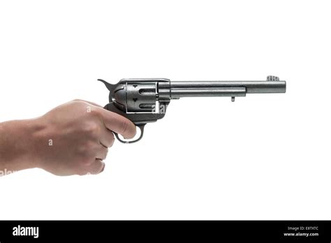 Men Hand With Revolver Pistol Isolated On A White Background Stock