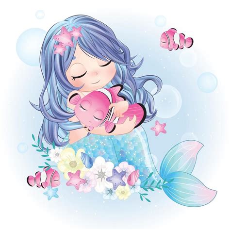 Cute Mermaid With Watercolor Illustration 2075107 Vector Art At Vecteezy