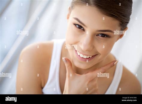 Portrait Beautiful Happy Woman With White Teeth Smiling Beauty High Resolution Image Stock